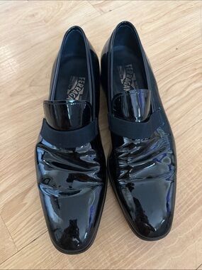 Salvatore Ferragamo Black Patent Leather Slip-On Loafers